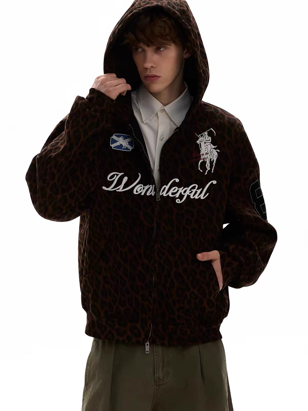 Leopard Print Embroidered Full-Zip Fleece Hoodie