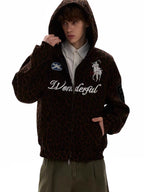 Leopard Print Embroidered Full-Zip Fleece Hoodie