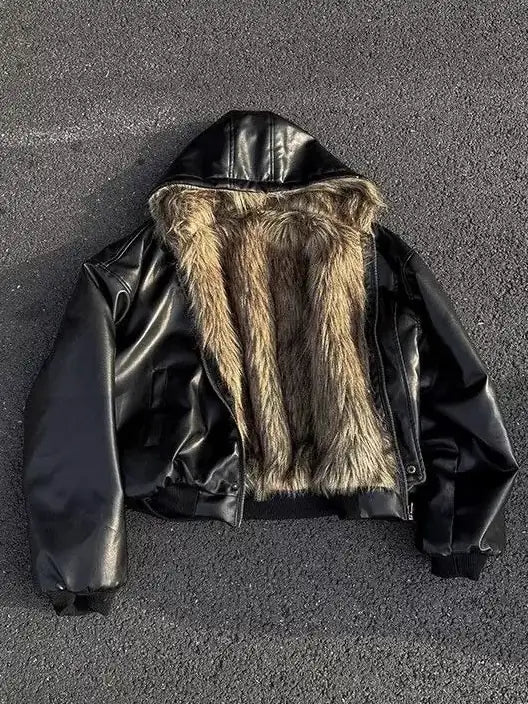 Reversible Faux Fur & Leather Hooded Bomber Jacket