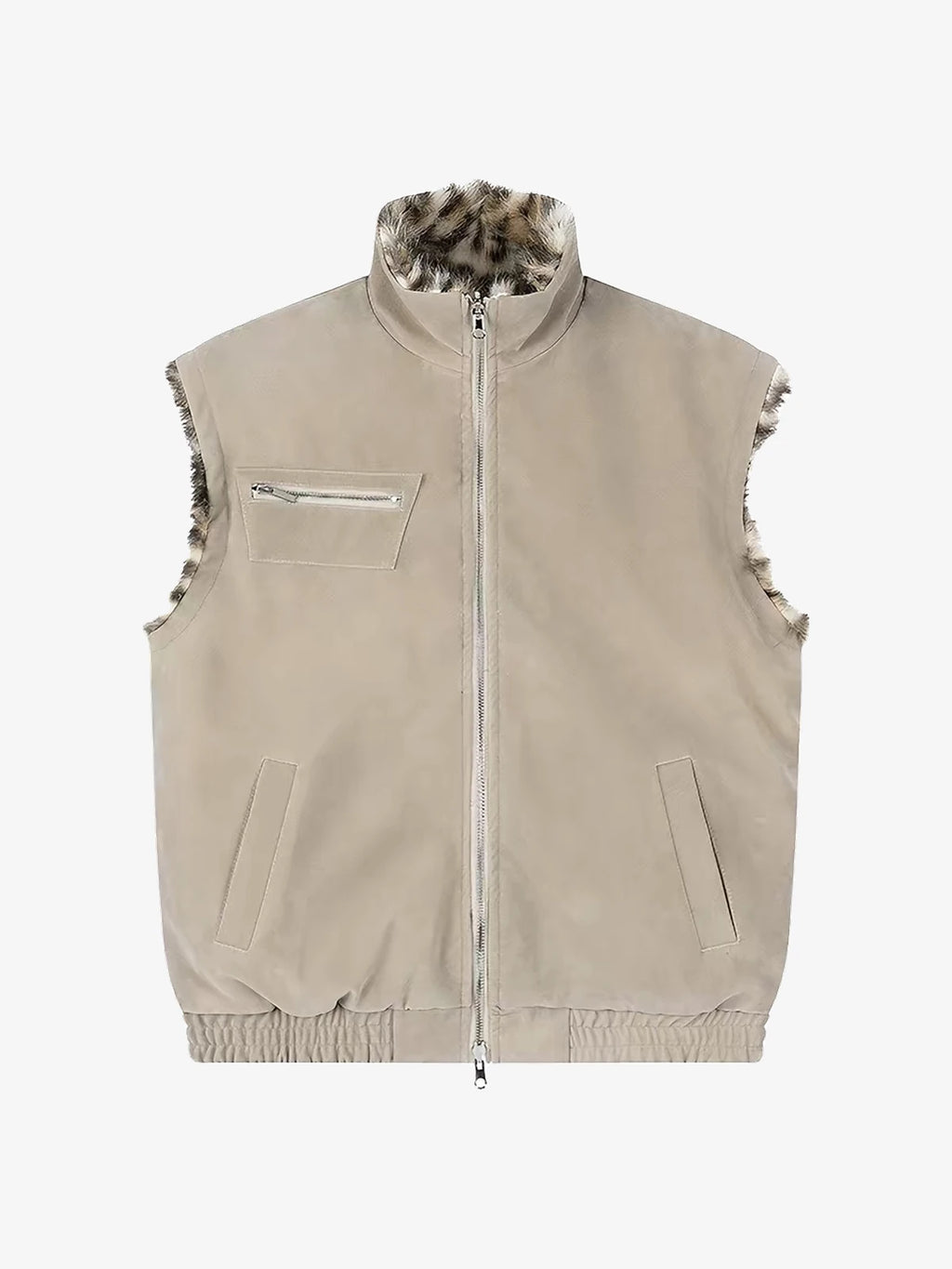 Reversible Faux Suede & Leopard Fur Stand Collar Vest