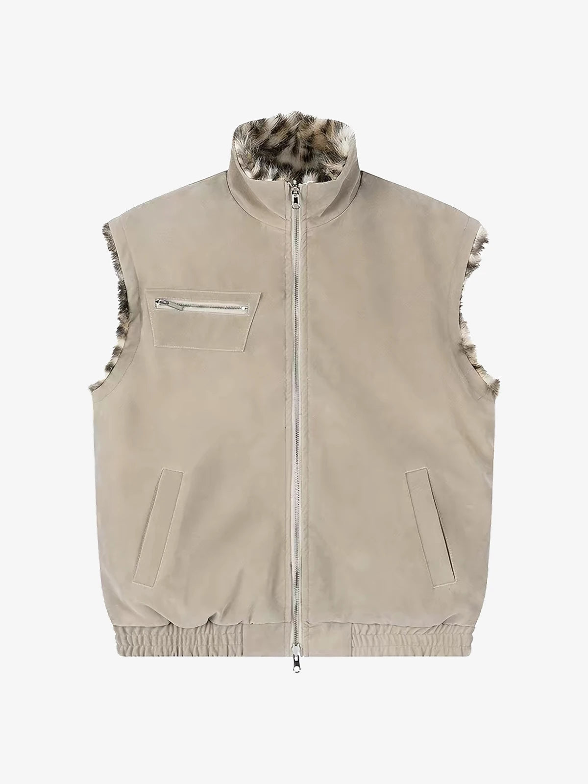 Reversible Faux Suede & Leopard Fur Stand Collar Vest