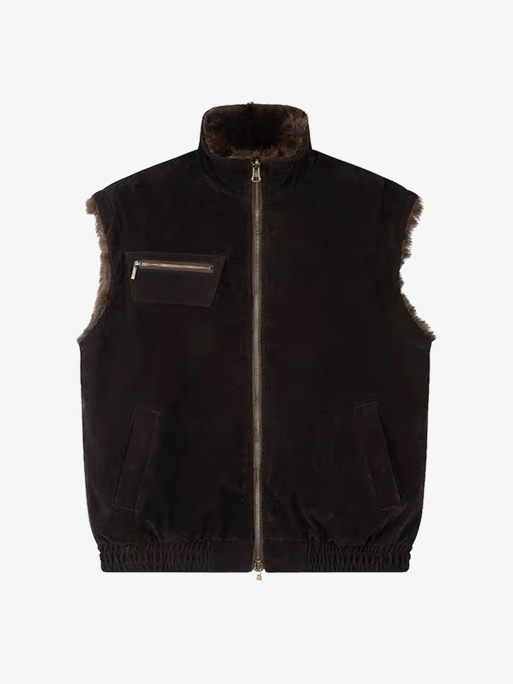 Reversible Faux Suede & Leopard Fur Stand Collar Vest