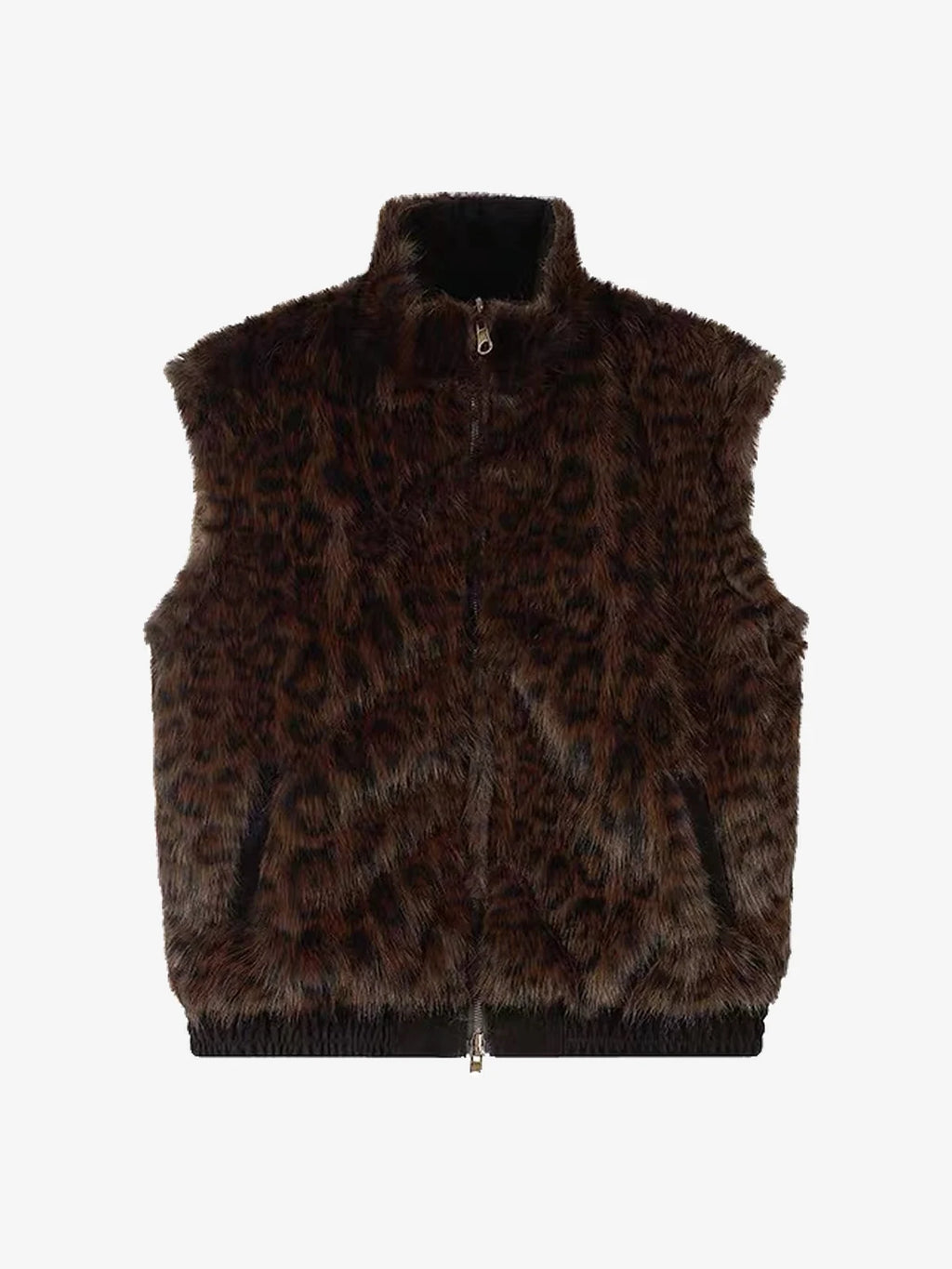 Reversible Faux Suede & Leopard Fur Stand Collar Vest
