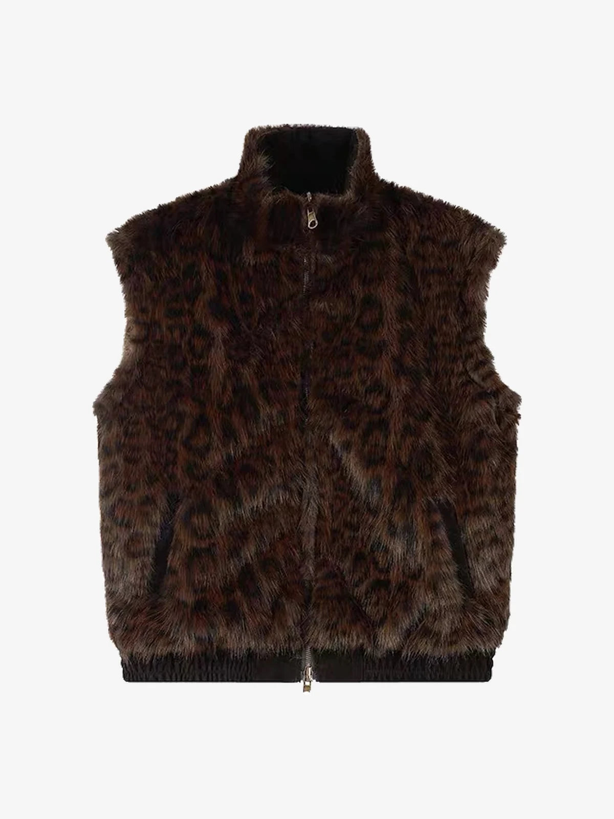 Reversible Faux Suede & Leopard Fur Stand Collar Vest