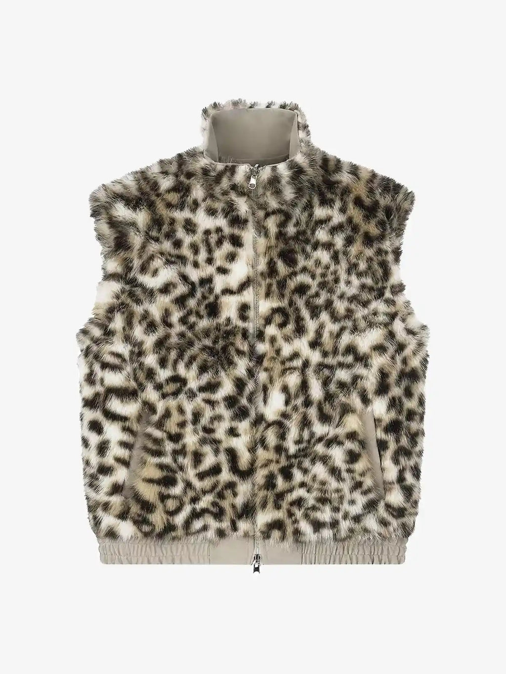 Reversible Faux Suede & Leopard Fur Stand Collar Vest