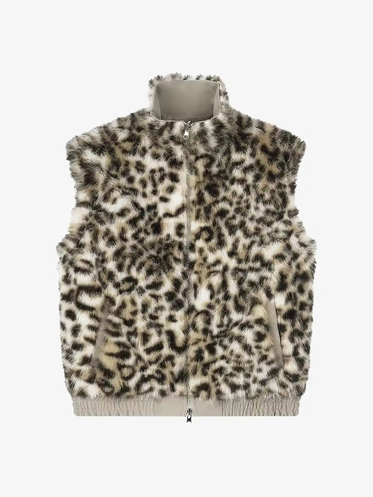 Reversible Faux Suede & Leopard Fur Stand Collar Vest