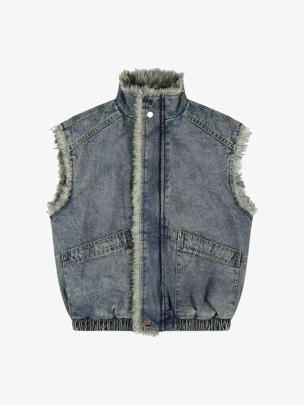 Faux Fur Trim Acid Washed Denim Stand Collar Vest