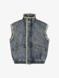 Faux Fur Trim Acid Washed Denim Stand Collar Vest