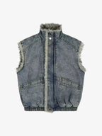 Faux Fur Trim Acid Washed Denim Stand Collar Vest