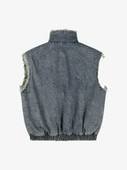 Faux Fur Trim Acid Washed Denim Stand Collar Vest