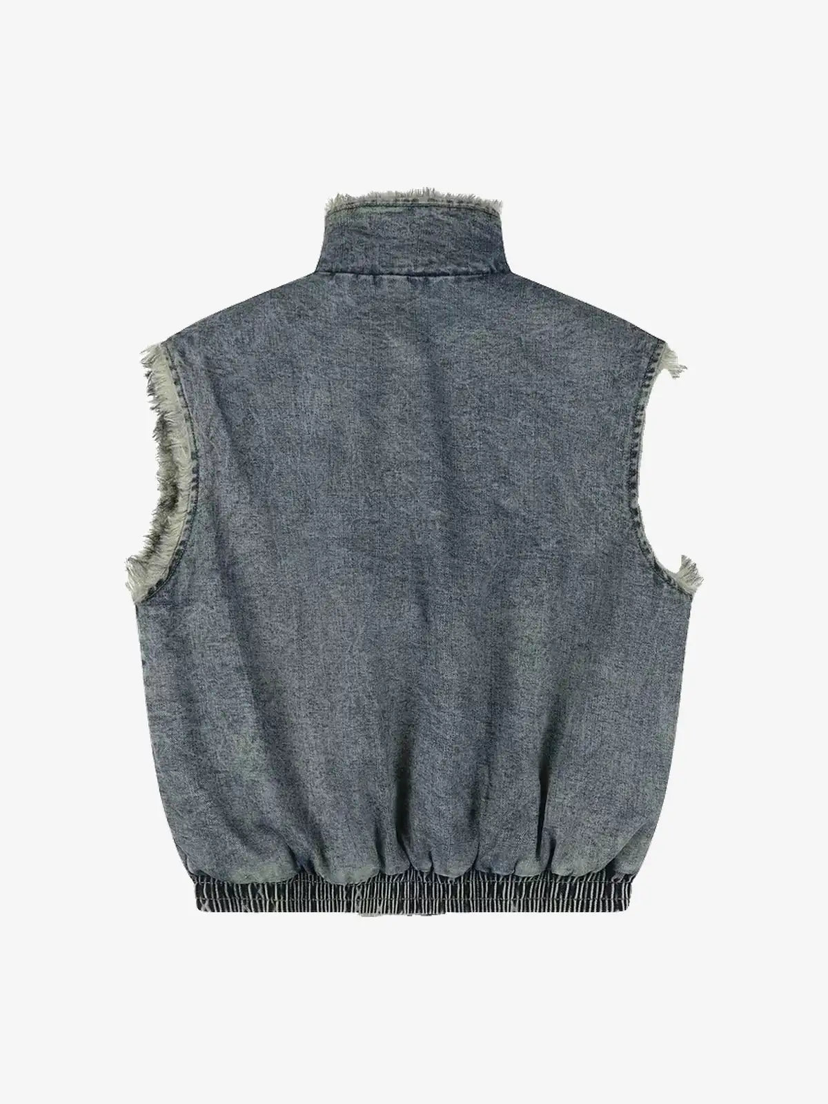 Faux Fur Trim Acid Washed Denim Stand Collar Vest