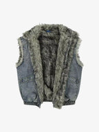 Faux Fur Trim Acid Washed Denim Stand Collar Vest