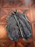 Faux Fur Trim Acid Washed Denim Stand Collar Vest
