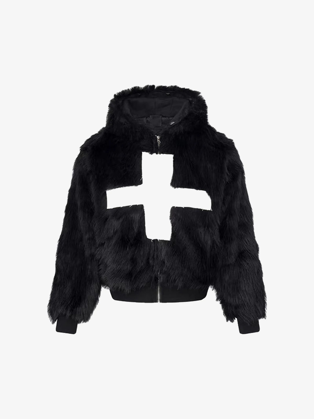 Cross Patchwork Plush Faux Fur Hooded Jacket