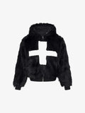 Cross Patchwork Plush Faux Fur Hooded Jacket