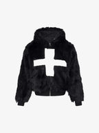 Cross Patchwork Plush Faux Fur Hooded Jacket