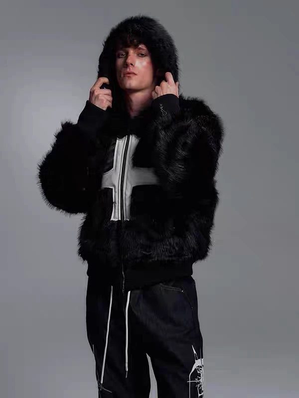 Cross Patchwork Plush Faux Fur Hooded Jacket