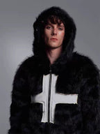 Cross Patchwork Plush Faux Fur Hooded Jacket