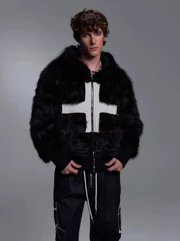 Cross Patchwork Plush Faux Fur Hooded Jacket