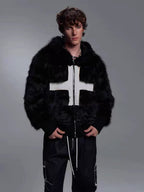Cross Patchwork Plush Faux Fur Hooded Jacket