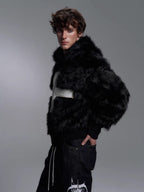 Cross Patchwork Plush Faux Fur Hooded Jacket