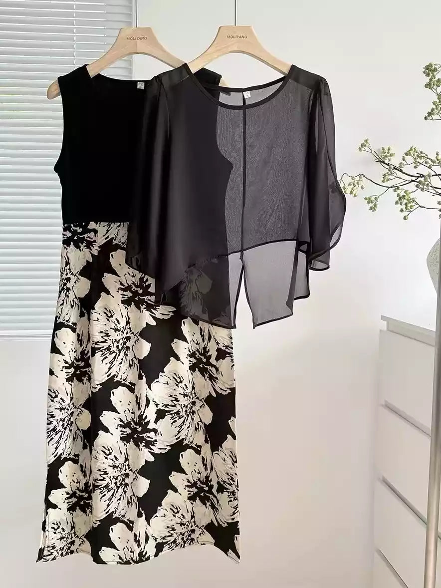 Elegant Floral Chiffon Layered Midi Dress with Sheer Capelet Top