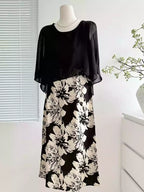 Elegant Floral Chiffon Layered Midi Dress with Sheer Capelet Top
