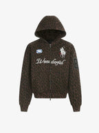 Leopard Print Embroidered Full-Zip Fleece Hoodie