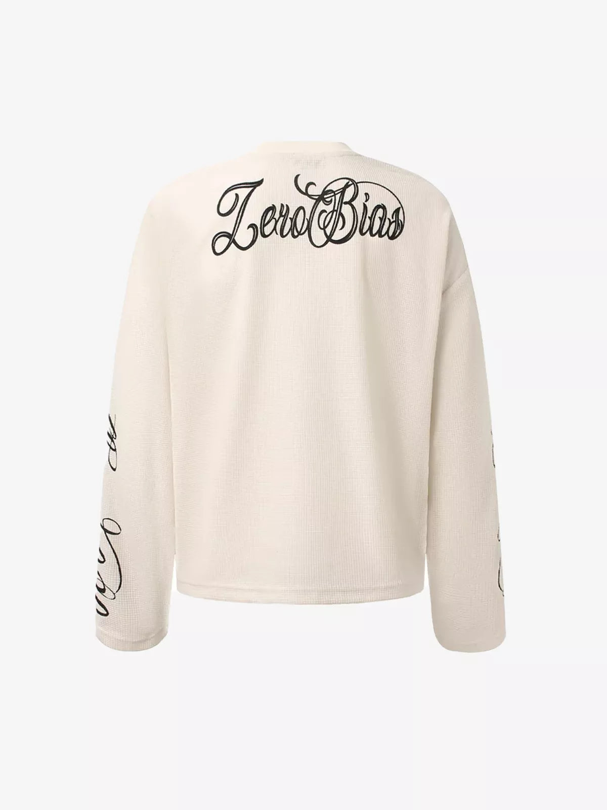 Retro Letter Print Waffle Knit Long Sleeve Tee