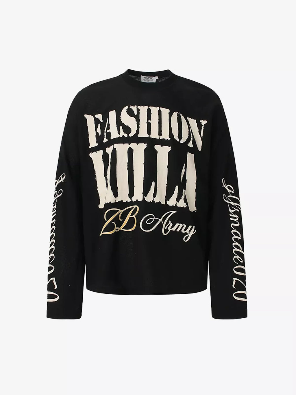Retro Letter Print Waffle Knit Long Sleeve Tee