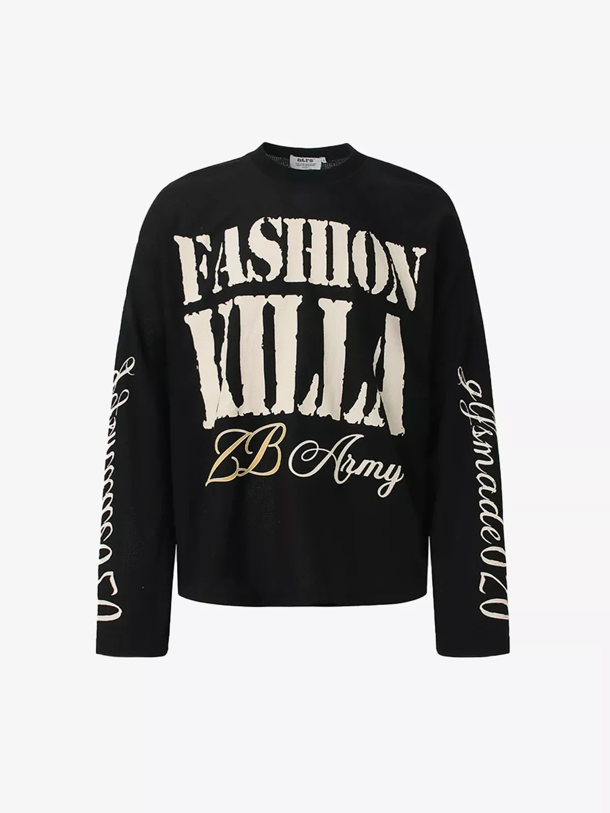 Retro Letter Print Waffle Knit Long Sleeve Tee
