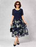 Elegant Navy Blue Floral Midi Dress for Women