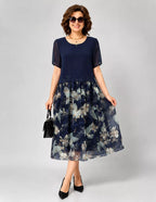 Elegant Navy Blue Floral Midi Dress for Women