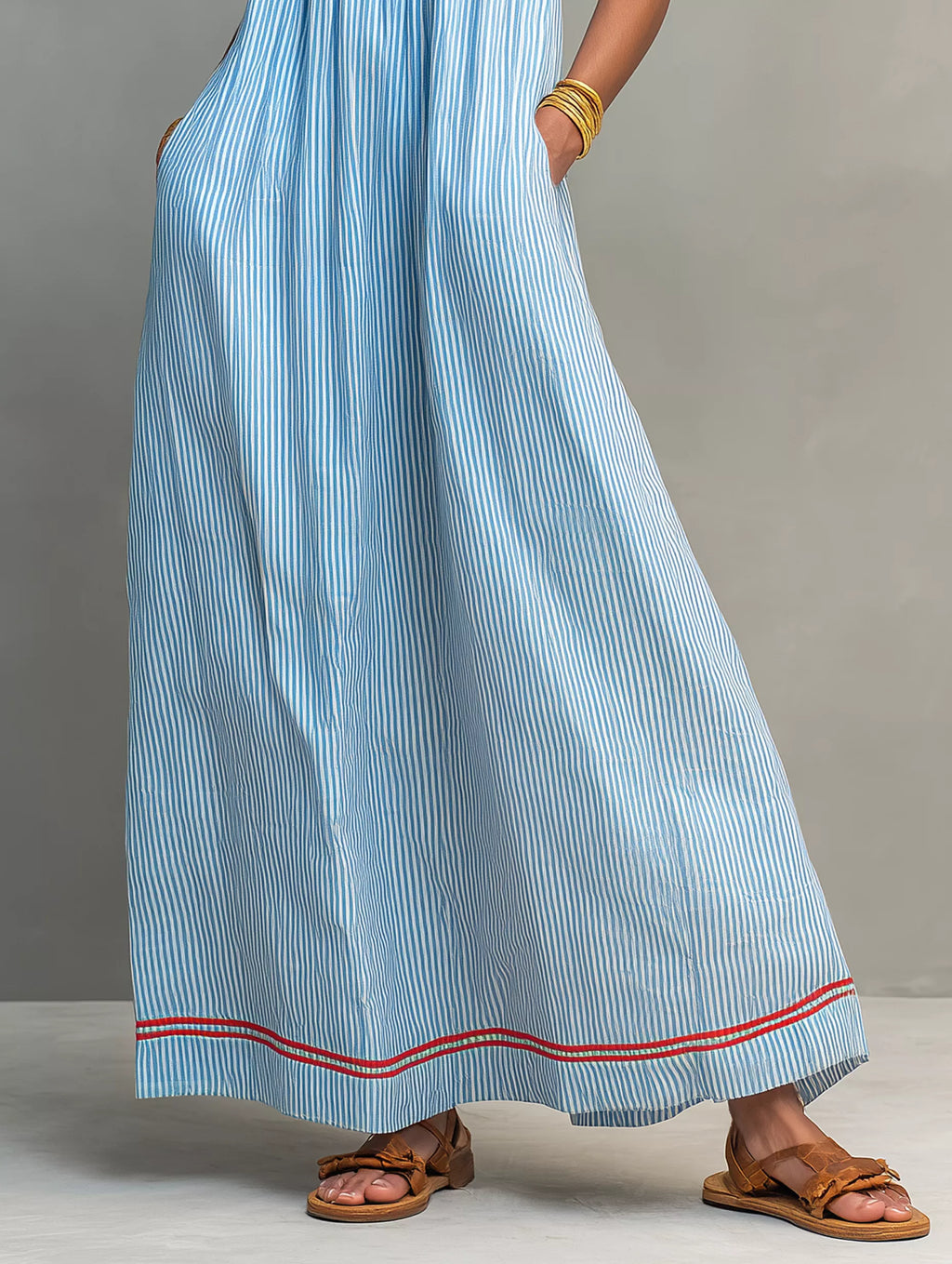 Women's Minimalist Striped Maxi Dress With Red Trim And Spaghetti Straps