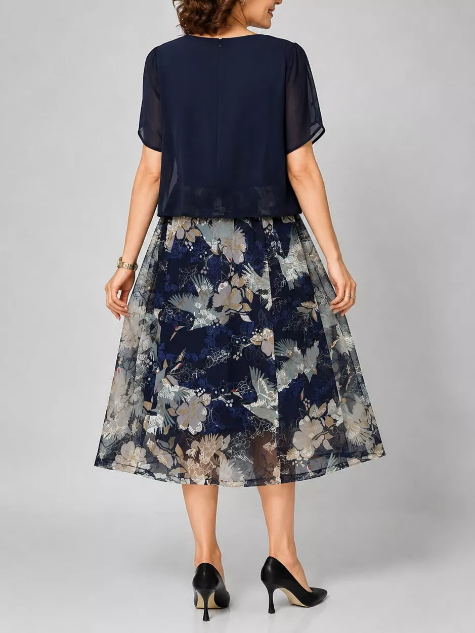 Elegant Navy Blue Floral Midi Dress for Women