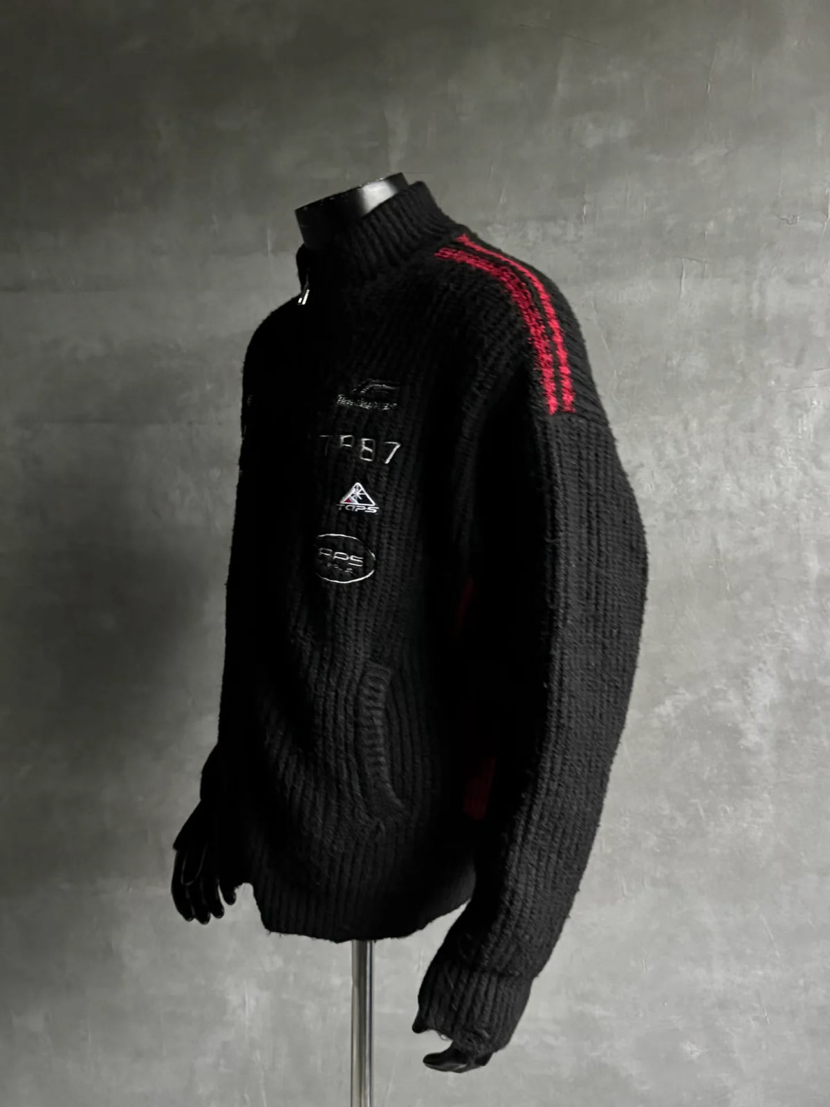 Racing-Patch Ribbed Knit High-Neck Zip-Up Cardigan