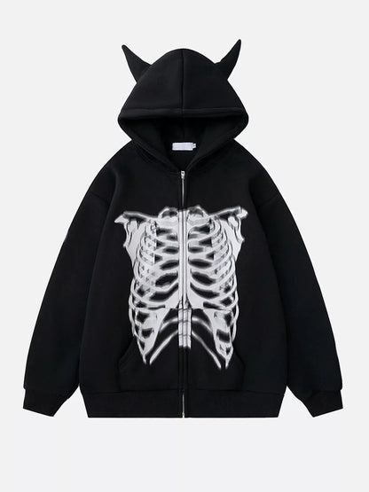 Niceprimes Demon Horn Skull Zip-Up Shirt