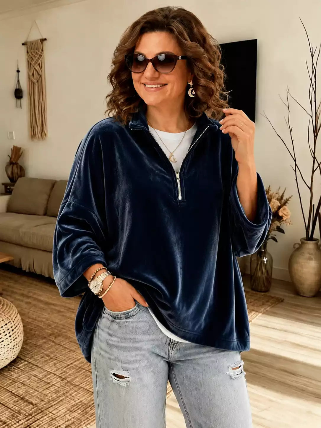 Women's Luxury Velvet Half Zip Pullover Top