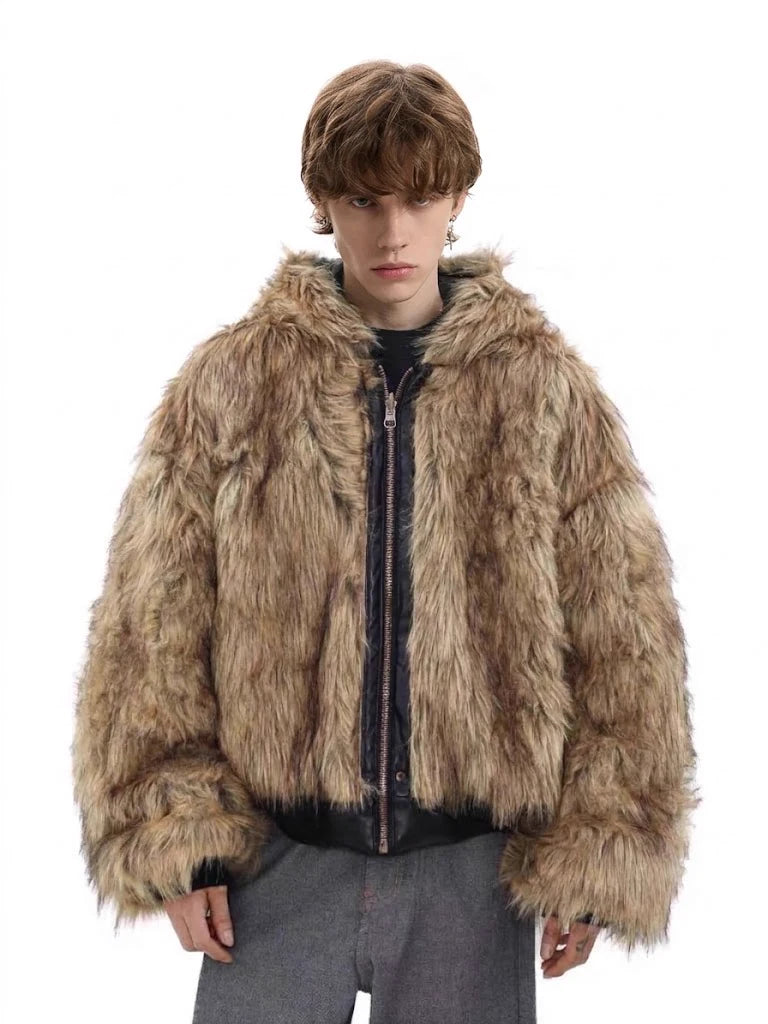 Reversible Faux Fur & Leather Hooded Bomber Jacket