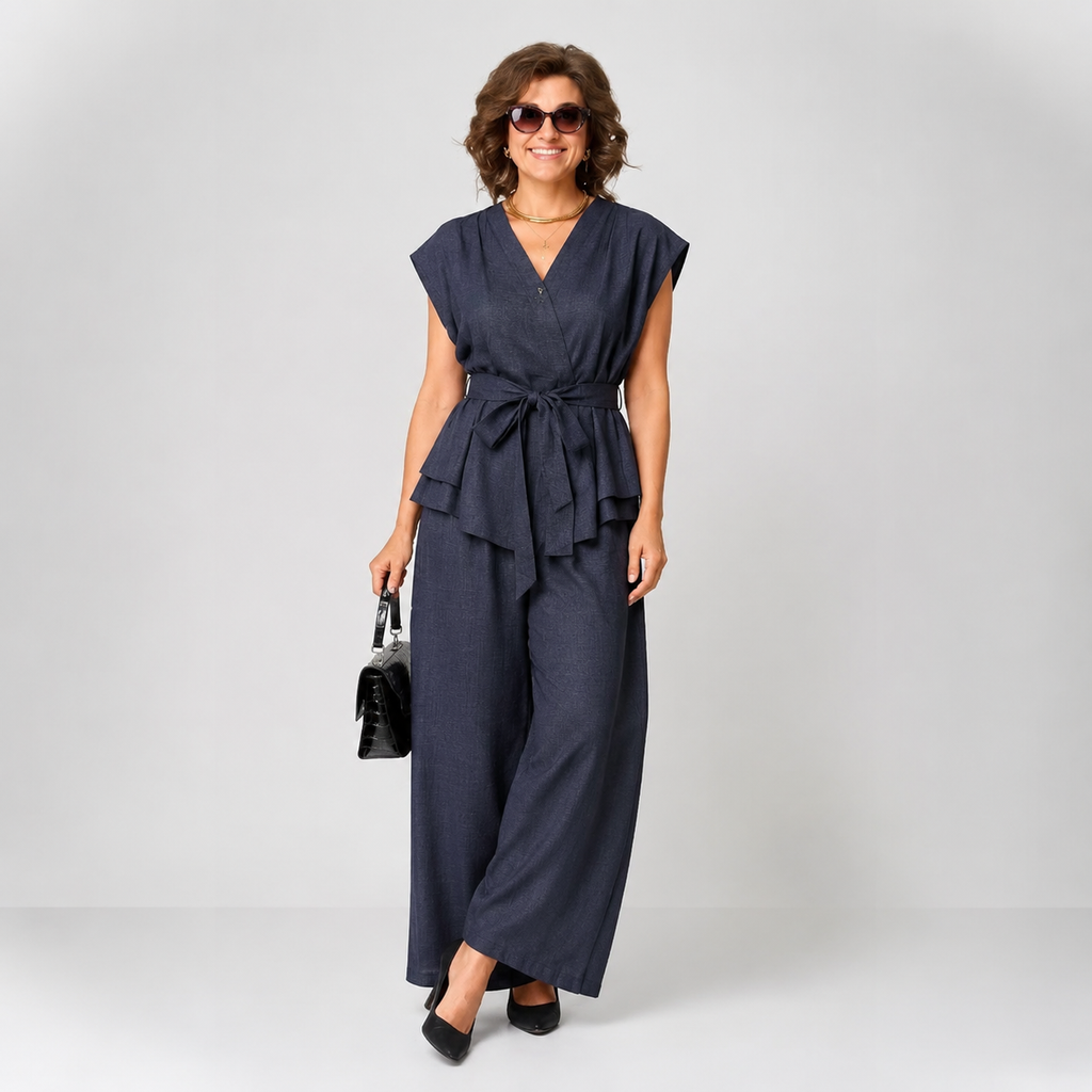 Sophisticated V-Neck Wrap Top & Wide-Leg Pants Ensemble