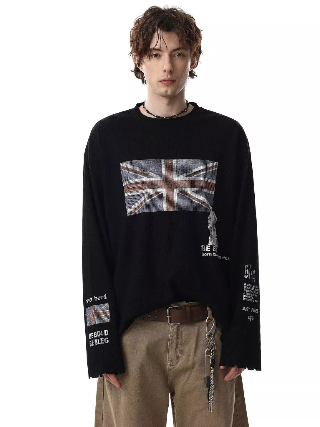 Union-Jack Waffle-Knit Distressed Long-Sleeve Shirt