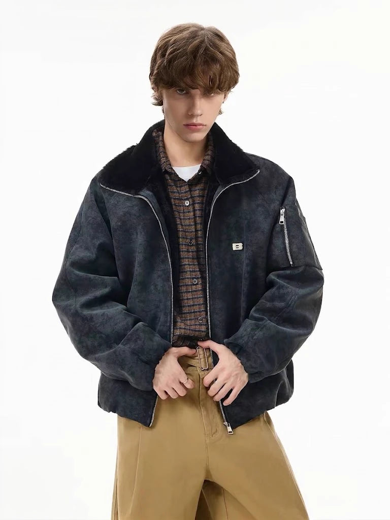 Faux Fur Collar Suede Bomber Jacket