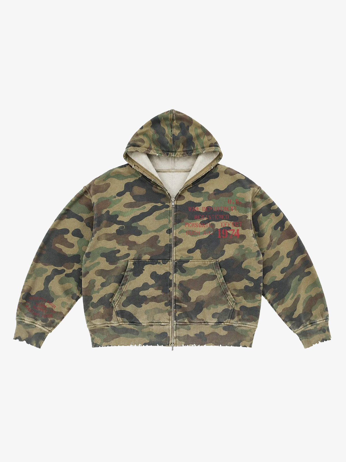Distressed Camo Letter Graphic Zip-Up Hoodie