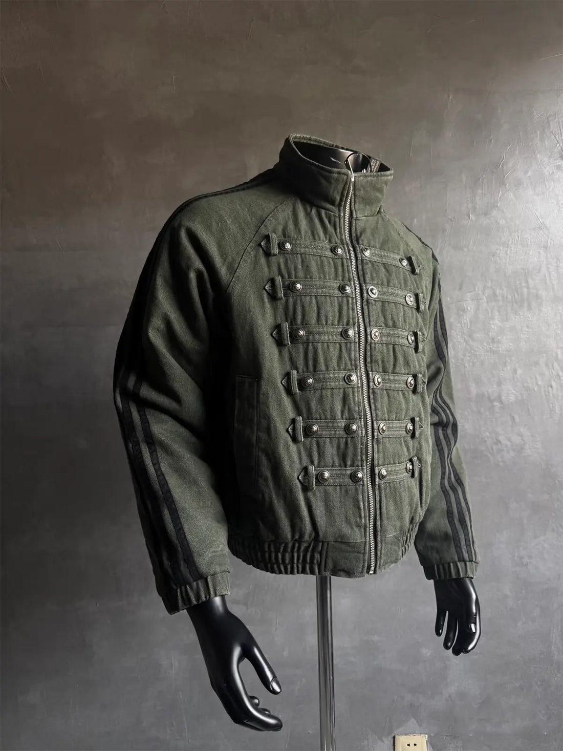 Vintage Military Metal Buckle Striped Bomber Jacket