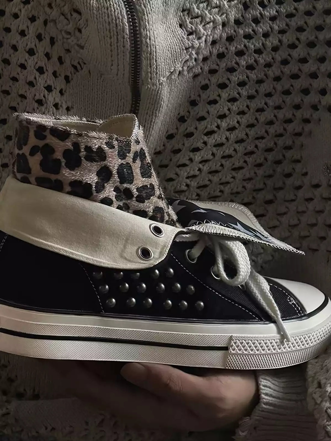 Niceprimes Zebra Pattern Rivet Fold-Over High-Top Sneakers