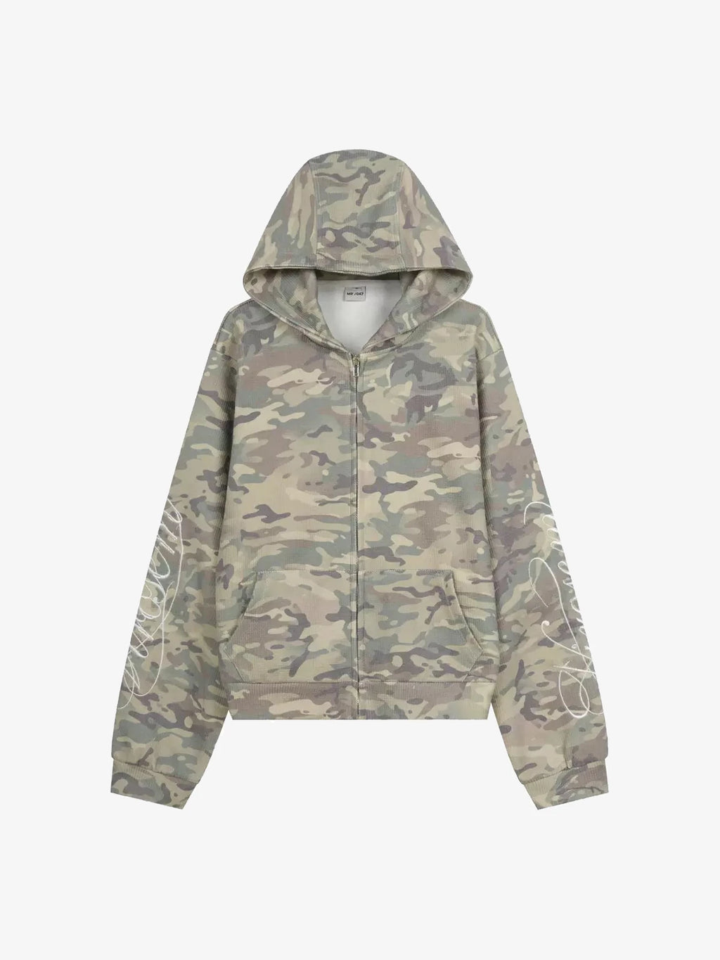 Camo-Print Script-Sleeve Zip-Up Heavyweight Hoodie