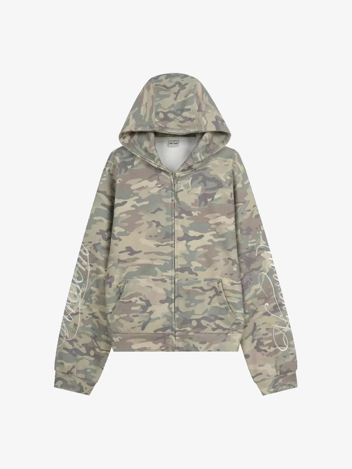 Camo-Print Script-Sleeve Zip-Up Heavyweight Hoodie