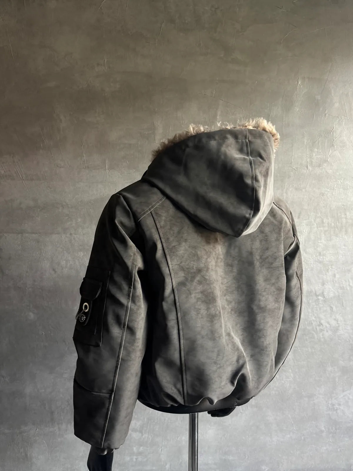 Fur-Trimmed Star-Pendant Suede-Finish Hooded Bomber Jacket