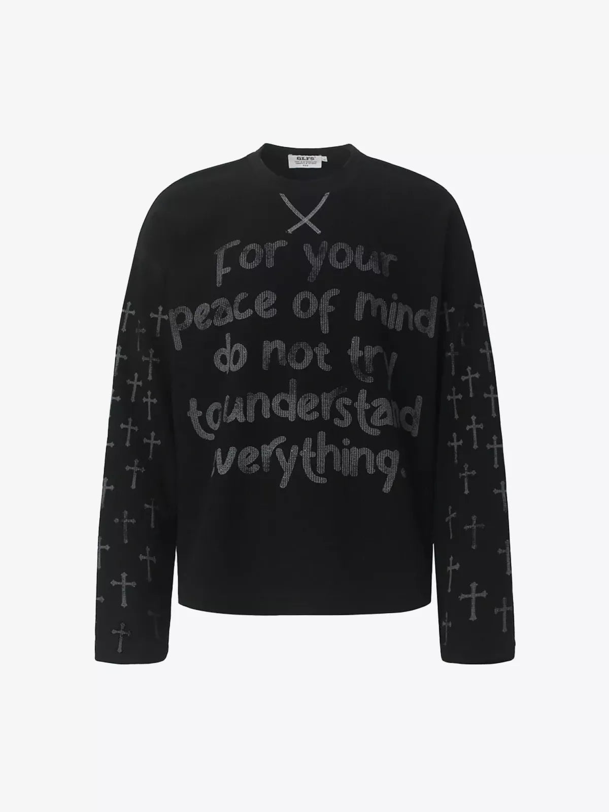 Cross Print Waffle Knit Long Sleeve Crew Neck Tee