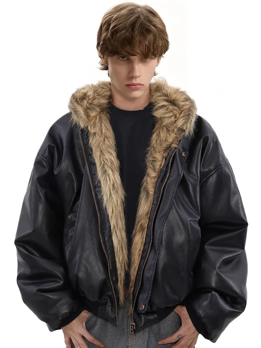 Reversible Faux Fur & Leather Hooded Bomber Jacket